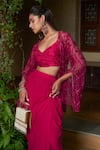 Buy_Saniya Sharma_Red Silk Embroidery Cutdana Sweetheart Neck Pansy Bloom Cape Draped Skirt Set_Online_at_Aza_Fashions