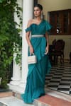 Buy_Saniya Sharma_Green Organza Plain Off Shoulder Solid Ruffled Pre-draped Saree Set _at_Aza_Fashions