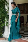 Shop_Saniya Sharma_Green Organza Plain Off Shoulder Solid Ruffled Pre-draped Saree Set _at_Aza_Fashions