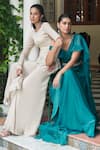 Saniya Sharma_Green Organza Plain Off Shoulder Solid Ruffled Pre-draped Saree Set _Online_at_Aza_Fashions