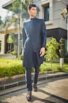 Buy_Bohame_Blue Terrywool Suiting Solid Stygian Pleated Bandhgala And Pant Set_at_Aza_Fashions