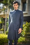 Bohame_Blue Terrywool Suiting Solid Stygian Pleated Bandhgala And Pant Set_Online_at_Aza_Fashions