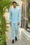 Buy_Bohame_Sky Blue Terrywool Suiting Solid Julian Bandhgala And Straight Pant Set_at_Aza_Fashions