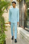 Shop_Bohame_Sky Blue Terrywool Suiting Solid Julian Bandhgala And Straight Pant Set_Online_at_Aza_Fashions
