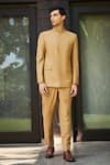 Shop_Bohame_Beige Terrywool Suiting Solid Russel Bandhgala And Straight Pant Set_Online_at_Aza_Fashions