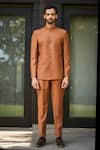 Bohame_Orange Terrywool Suiting Solid Clinton Bandhgala And Straight Pant Set_Online_at_Aza_Fashions