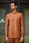 Buy_Bohame_Orange Terrywool Suiting Solid Clinton Bandhgala And Straight Pant Set_Online_at_Aza_Fashions