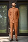 Shop_Bohame_Orange Terrywool Suiting Solid Clinton Bandhgala And Straight Pant Set_Online_at_Aza_Fashions