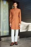Buy_Bohame_Orange Terrywool Suiting Solid Travis Slim Fit Achkan And Pant Set_at_Aza_Fashions