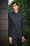 Bohame_Black Terrywool Suiting Textured Pintucked Brice Bandhgala Set_Online_at_Aza_Fashions