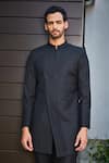 Bohame_Black Terrywool Suiting Textured Pintucked Dejon Bandhgala Set_Online_at_Aza_Fashions