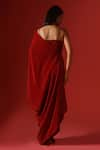 Shop_Megha Garg_Maroon Artificial Crepe Hand Embroidered Asymmetric Draped Dress With Bustier _at_Aza_Fashions