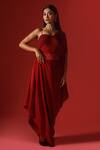 Megha Garg_Maroon Artificial Crepe Hand Embroidered Asymmetric Draped Dress With Bustier _Online_at_Aza_Fashions