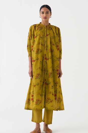 Buy_Dot_Yellow Cotton Embroidery Bandeau Neck Flori Printed Kurta And Pant Set _at_Aza_Fashions