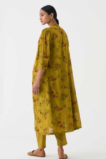 Shop_Dot_Yellow Cotton Embroidery Bandeau Neck Flori Printed Kurta And Pant Set _at_Aza_Fashions
