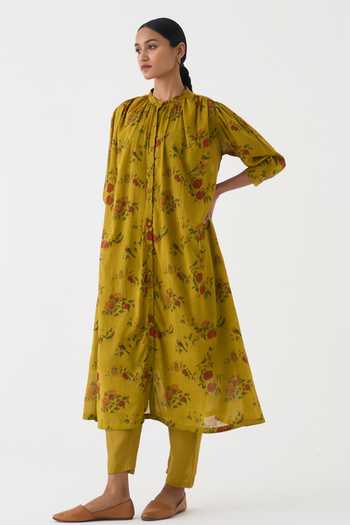 Buy_Dot_Yellow Cotton Embroidery Bandeau Neck Flori Printed Kurta And Pant Set _Online_at_Aza_Fashions