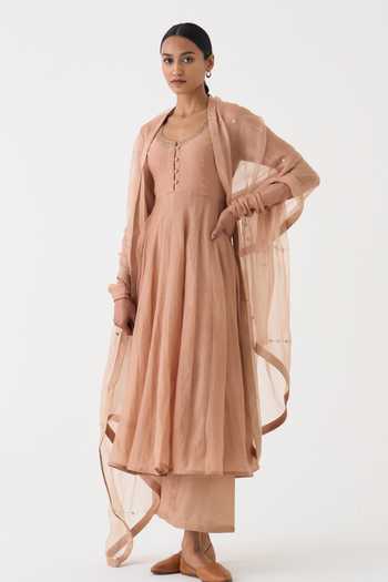 Buy_Dot_Pink Chanderi, Organza, Cotton, Silk Embroidery, Zari Round Vara Anarkali Set _at_Aza_Fashions