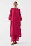 Buy_Dot_Pink Cotton, Silk Sequins Round Neck Ambily Crest Embroidered Kurta With Pant _at_Aza_Fashions