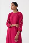 Dot_Pink Cotton, Silk Sequins Round Neck Ambily Crest Embroidered Kurta With Pant _at_Aza_Fashions