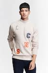 Buy_S&N by Shantnu Nikhil_Beige Cotton Knitted Logo Patchwork Sweater _at_Aza_Fashions