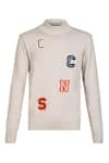 S&N by Shantnu Nikhil_Beige Cotton Knitted Logo Patchwork Sweater _Online_at_Aza_Fashions