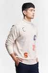 Shop_S&N by Shantnu Nikhil_Beige Cotton Knitted Logo Patchwork Sweater _Online_at_Aza_Fashions