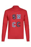 S&N by Shantnu Nikhil_Red Cotton Knitted Logo Patchwork Sweater _Online_at_Aza_Fashions