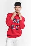 Buy_S&N by Shantnu Nikhil_Red Cotton Knitted Logo Patchwork Sweater _Online_at_Aza_Fashions