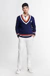 Buy_S&N by Shantnu Nikhil_Blue Merino Wool Knitted Crest Stripe Pattern Jumper _at_Aza_Fashions