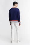 Shop_S&N by Shantnu Nikhil_Blue Merino Wool Knitted Crest Stripe Pattern Jumper _at_Aza_Fashions