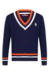 S&N by Shantnu Nikhil_Blue Merino Wool Knitted Crest Stripe Pattern Jumper _Online_at_Aza_Fashions