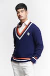 Buy_S&N by Shantnu Nikhil_Blue Merino Wool Knitted Crest Stripe Pattern Jumper _Online_at_Aza_Fashions