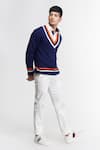 Shop_S&N by Shantnu Nikhil_Blue Merino Wool Knitted Crest Stripe Pattern Jumper _Online_at_Aza_Fashions