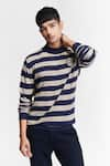 Shop_S&N by Shantnu Nikhil_Beige Viscose Nylon Knitted Crest Stripe Pattern T-shirt _Online_at_Aza_Fashions