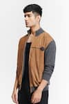 Buy_S&N by Shantnu Nikhil_Beige 100% Cashmere Patchwork Faux Leather Placed Jacket _Online_at_Aza_Fashions