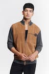 Shop_S&N by Shantnu Nikhil_Beige 100% Cashmere Patchwork Faux Leather Placed Jacket _Online_at_Aza_Fashions