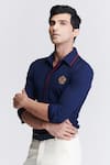 Shop_S&N by Shantnu Nikhil_Blue Terylene Embroidered Crest Placed Shirt _Online_at_Aza_Fashions