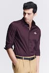 Shop_S&N by Shantnu Nikhil_Maroon Giza Cotton Embroidered Crest Threadwork Collar Shirt_Online_at_Aza_Fashions