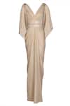 S&N by Shantnu Nikhil_Gold Textured Georgette V Neck Saree Gown_Online_at_Aza_Fashions