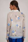 Shop_Shriya Som_Ivory Organza Embroidery Collared Floral Bomber Jacket _at_Aza_Fashions