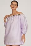 SHRIYA SOM_Purple Taffeta Hand Embroidered Floral Off Shoulder Neck Dress  _Online_at_Aza_Fashions