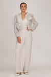 Buy_SHRIYA SOM_Ivory Georgette Hand Embroidered Floral V Solid Jumpsuit With Belt  _at_Aza_Fashions