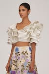 SHRIYA SOM_Ivory Tulle Hand Embroidered Floral V Neck Draped Top And Skirt Set _Online_at_Aza_Fashions