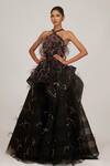 Buy_SHRIYA SOM_Black Tulle Hand Embroidered Feather Halter Gown With Belt _at_Aza_Fashions