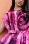 JANYAS CLOSET_Wine Satin Printed Rose Draped Dress _at_Aza_Fashions