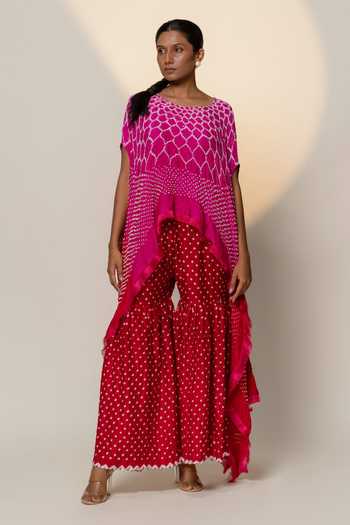 Buy_Dyelogue_Red Gabardine Embroidery Bandhej Motif Gharara Pant _at_Aza_Fashions