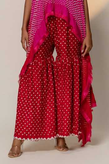 Shop_Dyelogue_Red Gabardine Embroidery Bandhej Motif Gharara Pant _at_Aza_Fashions