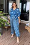 Buy Dyelogue Blue Modal, Silk Embroidery V-neck Quad Bandhani Motif Front Knot Jumpsuit at Aza Fashions Buy_Dyelogue_Blue Modal, Silk Embroidery V-neck Quad Bandhani Motif Front Knot Jumpsuit _at_Aza_Fashions