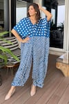 Buy Dyelogue Blue Modal, Silk Embroidery V-neck Quad Bandhani Motif Front Knot Jumpsuit Online at Aza Fashions Buy_Dyelogue_Blue Modal, Silk Embroidery V-neck Quad Bandhani Motif Front Knot Jumpsuit _Online_at_Aza_Fashions