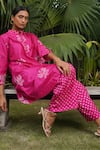 Shop_Dyelogue_Pink Silk Embroidery Mandarin Collar Padma Bandhani Motif Kurta With Pant _at_Aza_Fashions